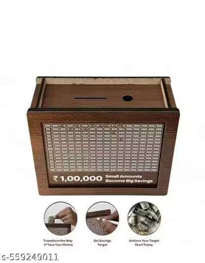 Wooden Piggy Bank for Kids & Adults, Coin Box with Carved Design, Savings Box, Mini Bank, Donation Box, Smart MoneyBox, Wooden Coin Box, Money Saver, Piggy Bank with Numbers